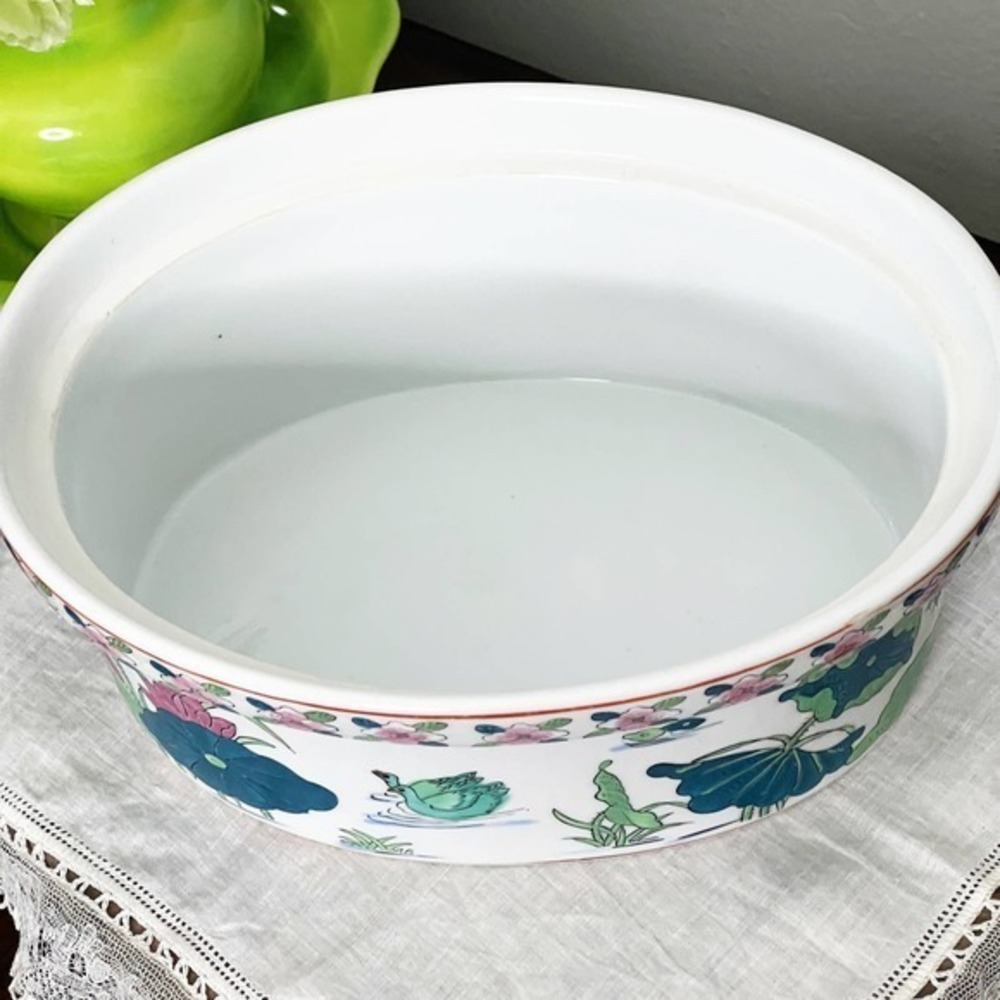 Vintage Duck Bird Oval Covered Casserole Dish Tureen Chinese Export Asian Lotus - Picture 9 of 11